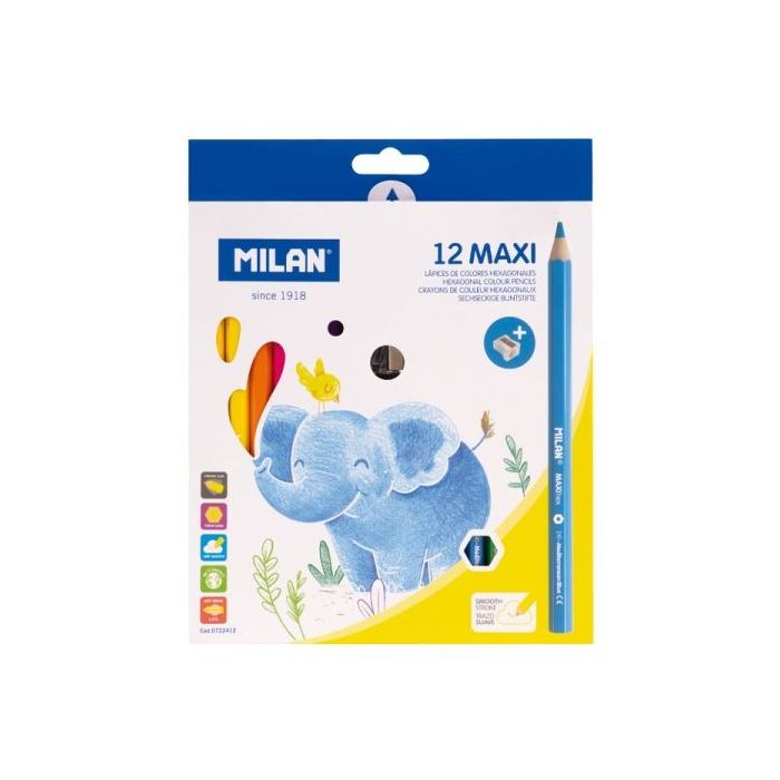 Milan Maxi Pack de 12 Lapices de Colores - Incluye Sacapuntas - Hexagonales - Colores Surtidos