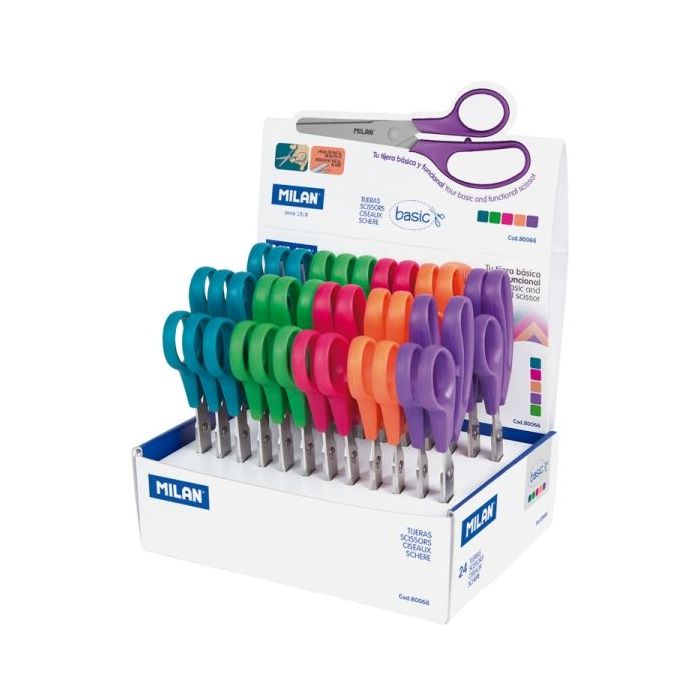 Milan Basic Expositor con 24 Tijeras Basic - Mango Ergonomico - Punta Redondeada - Acero Inoxidable de 13.4cm - Colores Surtidos