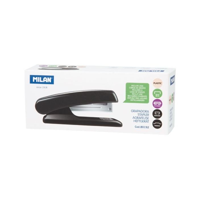 Milan Grapadora Metalica - Cuerpo de Plastico - hasta 20 Hojas - Base 12.5cm - Grapas 24/6 y 26/6 - Color Negro