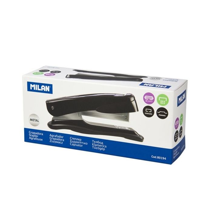 Milan Grapadora Metalica - Cuerpo de Plastico - hasta 20 Hojas - Base 14.5cm - Grapas 24/6 y 26/6 - Color Negro