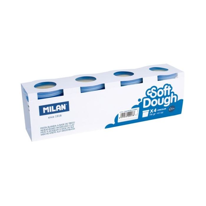 Milan Soft Dough Pack de 4 Botes de Pasta Blanda - 100% Vegetal - Moldeable - Sin Residuos - Colores Mezclables - 116g por Unidad - Color Blanco