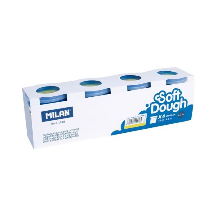 Milan Soft Dough Pack de 4 Botes de Pasta Blanda - 100% Vegetal - Moldeable - Sin Residuos - Colores Mezclables - 116g por Unidad - Color Amarillo