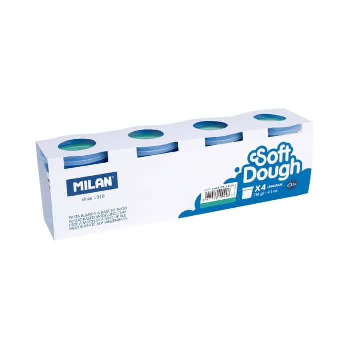 Milan Soft Dough Pack de 4 Botes de Pasta Blanda - 100% Vegetal - Moldeable - Sin Residuos - Colores Mezclables - 116g por Unidad - Color Turquesa