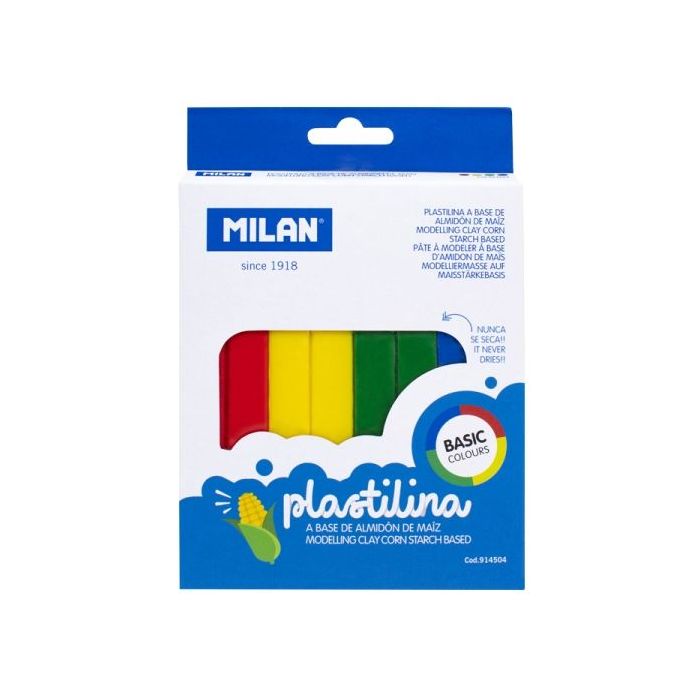 Milan Pack de 4 Barras de Plastilina de Colores - 100% Vegetal - Muy Moldeable - No Se Seca - Colores Mezclables - 330g - Colores Surtidos