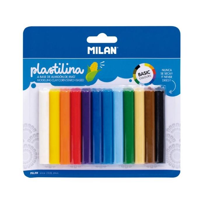 Milan Pack de 12 Barritas Plastilina de Colores - 100% Vegetal - Muy Moldeable - No Se Seca - Colores Mezclables - 140g - Colores Surtidos