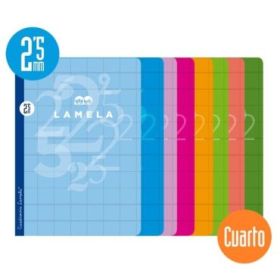 Lamela Pack de 10 Libretas Grapadas con 50 Hojas de 70g/m2 con Margen - Formato Cuarto - Pauta Cuadrovia de 2.5mm - Cubierta de Cartoncillo Plastificado - Papel Offset Blanco Extra - Colores Surtidos