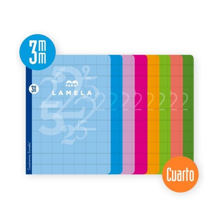 Lamela Pack de 10 Libretas Grapadas con 50 Hojas de 70g/m2 con Margen - Formato Cuarto - Pauta Cuadrovia de 3mm - Cubierta de Cartoncillo Plastificado - Papel Offset Blanco Extra - Colores Surtidos