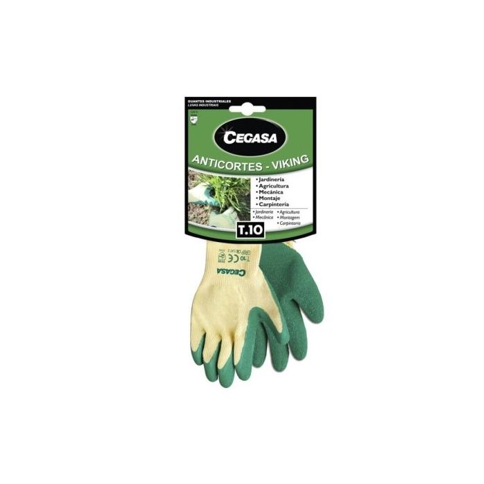 Cegasa Viking Guantes de Trabajo Anticortes Talla 10 - Fabricados en Algodon con Recubimiento de Latex Rugoso en Palma y Dedos - Color Verde