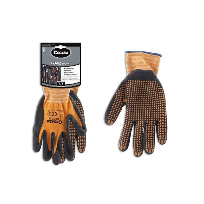Cegasa Guantes de Trabajo Talla 7 - Fabricados en Nylon con Recubimiento de Foam con Dots de Nitrilo en Palma - Color Negro/Naranja