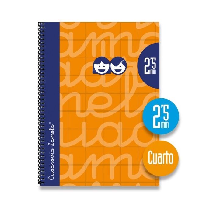 Lamela Cuaderno Espiral con 80 Hojas de 70g/m2 con Margen - Formato Cuarto - Pauta Cuadrovia de 2.5mm - Cubierta Extra Dura - Papel Offset Blanco Extra - Color Naranja