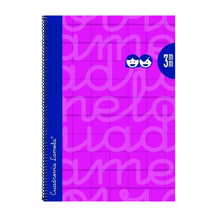 Lamela Cuaderno Espiral con 80 Hojas de 90g/m2 con Margen - Formato Cuarto - Pauta Cuadrovia de 3mm - Cubierta Extra Dura - Papel Offset Blanco Extra - Color Fucsia