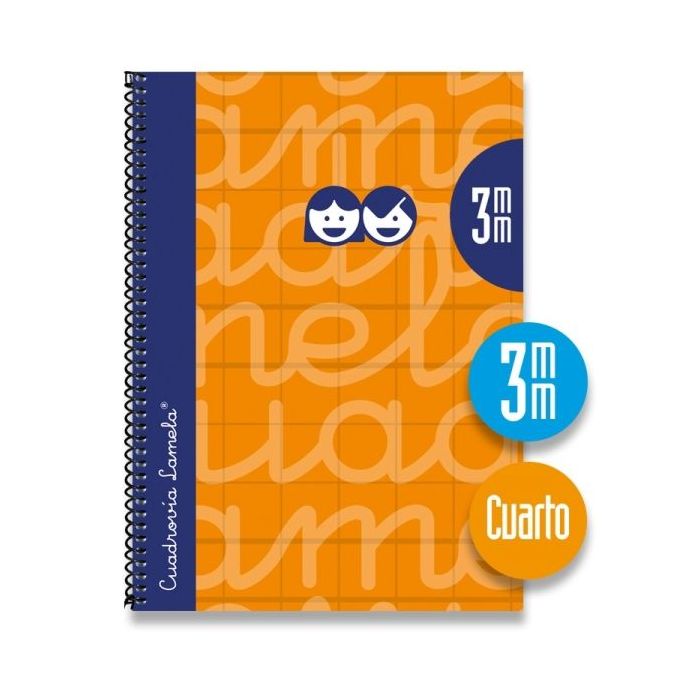 Lamela Cuaderno Espiral con 80 Hojas de 70g/m2 con Margen - Formato Cuarto - Pauta Cuadrovia de 3mm - Cubierta Extra Dura - Papel Offset Blanco Extra - Color Naranja