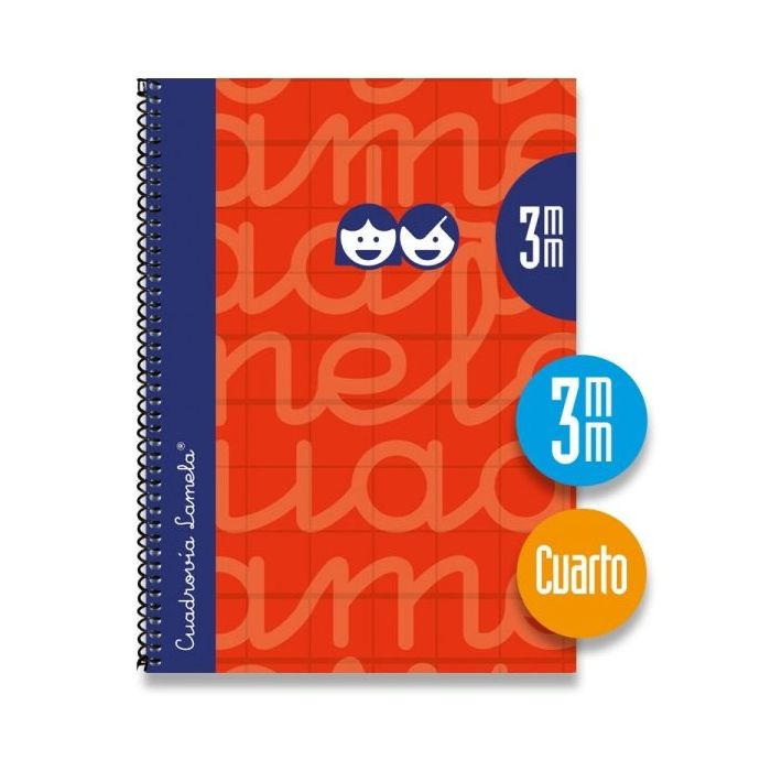 Lamela Cuaderno Espiral con 80 Hojas de 70g/m2 con Margen - Formato Cuarto - Pauta Cuadrovia de 3mm - Cubierta Extra Dura - Papel Offset Blanco Extra - Color Rojo