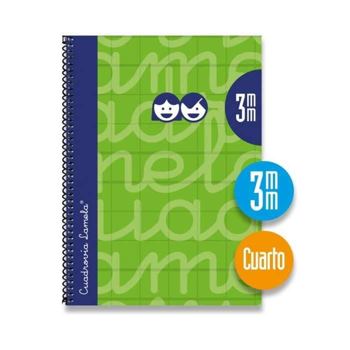 Lamela Cuaderno Espiral con 80 Hojas de 70g/m2 con Margen - Formato Cuarto - Pauta Cuadrovia de 3mm - Cubierta Extra Dura - Papel Offset Blanco Extra - Color Verde