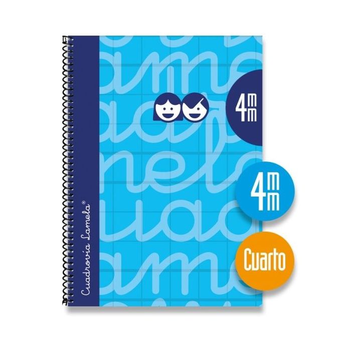 Lamela Cuaderno Espiral con 80 Hojas de 70g/m2 con Margen - Formato Cuarto - Pauta Cuadrovia de 4mm - Cubierta Extra Dura - Papel Offset Blanco Extra - Color Azul
