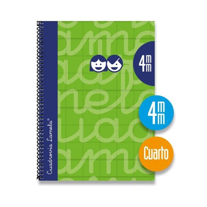 Lamela Cuaderno Espiral con 80 Hojas de 70g/m2 con Margen - Formato Cuarto - Pauta Cuadrovia de 4mm - Cubierta Extra Dura - Papel Offset Blanco Extra - Color Verde