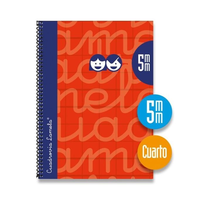 Lamela Cuaderno Espiral con 80 Hojas de 70g/m2 con Margen - Formato Cuarto - Pauta Cuadrovia de 5mm - Cubierta Extra Dura - Papel Offset Blanco Extra - Color Rojo