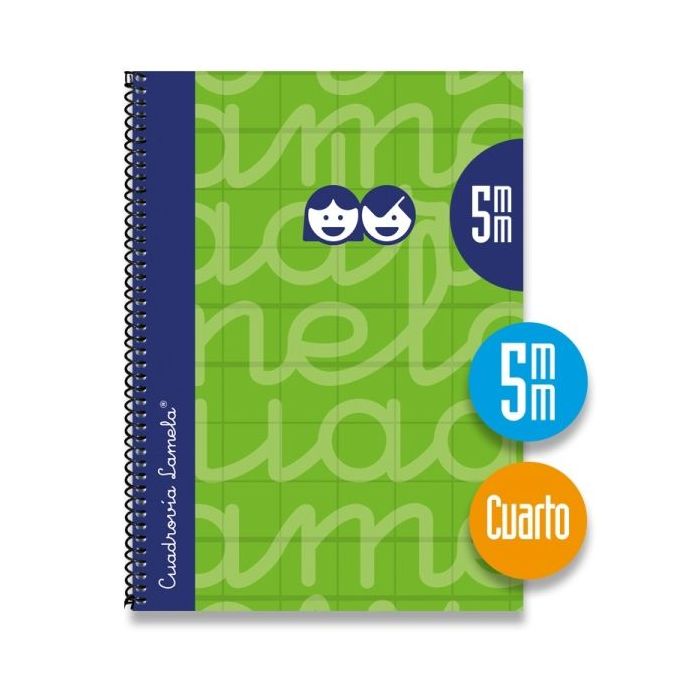 Lamela Cuaderno Espiral con 80 Hojas de 70g/m2 con Margen - Formato Cuarto - Pauta Cuadrovia de 5mm - Cubierta Extra Dura - Papel Offset Blanco Extra - Color Verde