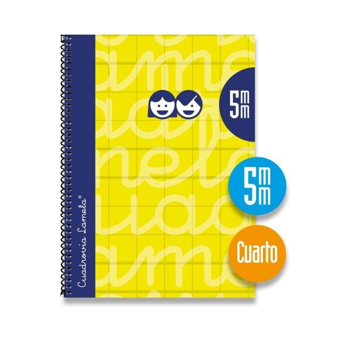Lamela Cuaderno Espiral con 80 Hojas de 70g/m2 con Margen - Formato Cuarto - Pauta Cuadrovia de 5mm - Cubierta Extra Dura - Papel Offset Blanco Extra - Color Amarillo