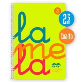 Lamela Cuaderno Espiral con 80 Hojas de 90g/m2 con Margen - Formato Cuarto - Pauta Cuadrovia de 2.5mm - Cubierta Extra Dura - Papel Offset Blanco Extra - Color Amarillo