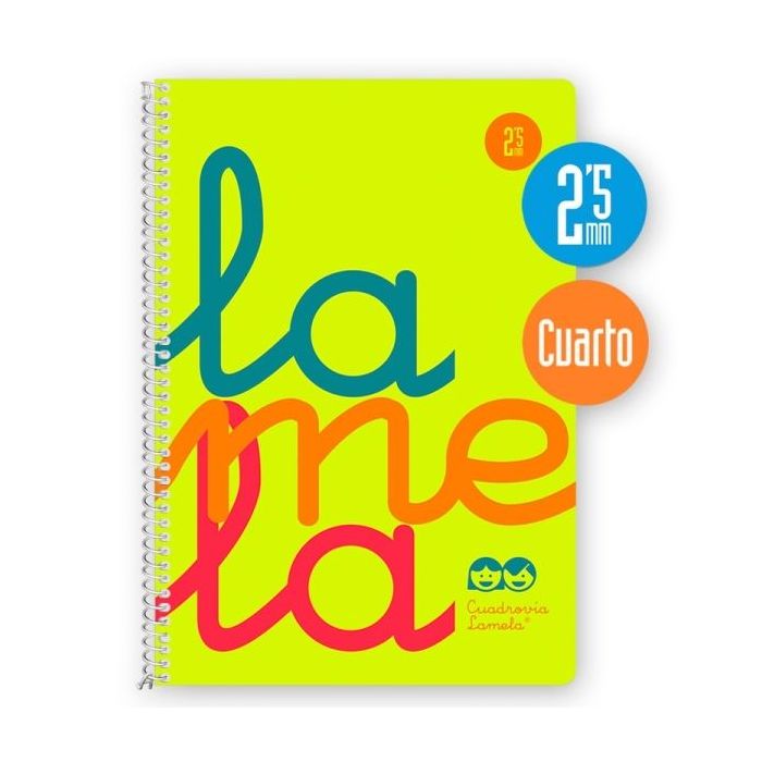 Lamela Cuaderno Espiral con 80 Hojas de 90g/m2 con Margen - Formato Cuarto - Pauta Cuadrovia de 2.5mm - Cubierta Extra Dura - Papel Offset Blanco Extra - Color Amarillo