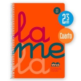 Lamela Cuaderno Espiral con 80 Hojas de 90g/m2 con Margen - Formato Cuarto - Pauta Cuadrovia de 2.5mm - Cubierta Extra Dura - Papel Offset Blanco Extra - Color Naranja