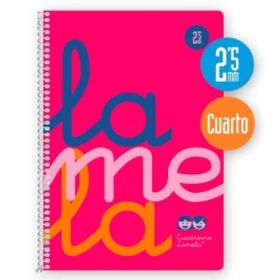 Lamela Cuaderno Espiral con 80 Hojas de 90g/m2 con Margen - Formato Cuarto - Pauta Cuadrovia de 2.5mm - Cubierta Extra Dura - Papel Offset Blanco Extra - Color Rosa