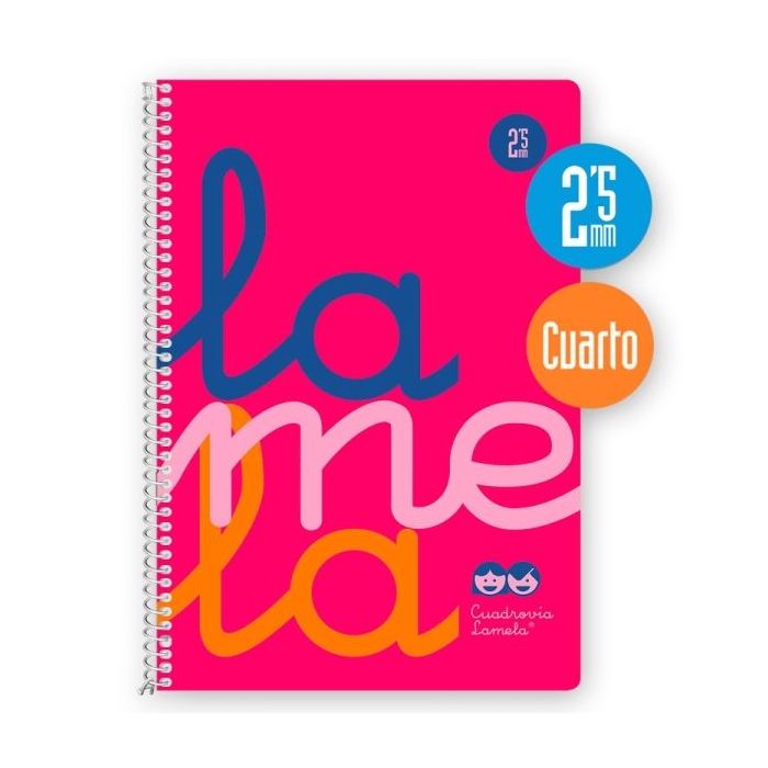 Lamela Cuaderno Espiral con 80 Hojas de 90g/m2 con Margen - Formato Cuarto - Pauta Cuadrovia de 2.5mm - Cubierta Extra Dura - Papel Offset Blanco Extra - Color Rosa