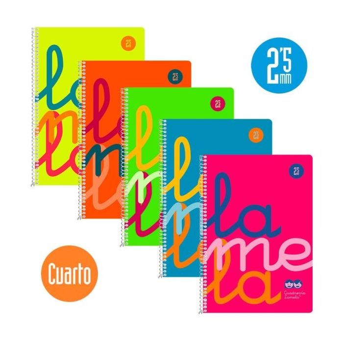 Lamela Pack de 5 Cuadernos de Espiral con 80 Hojas de 90g/m2 con Margen - Formato Cuarto - Pauta Cuadrovia de 2.5mm - Cubierta Extra Dura - Papel Offset Blanco Extra - Colores Surtidos