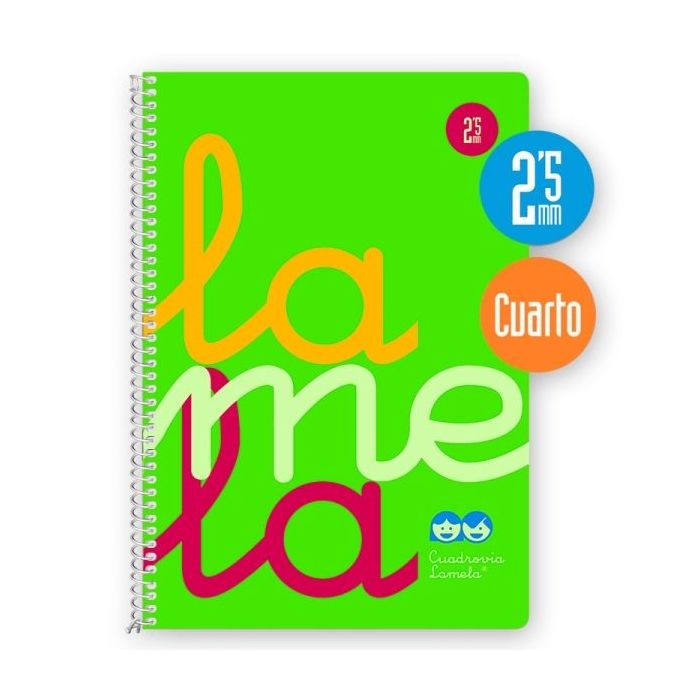 Lamela Cuaderno Espiral con 80 Hojas de 90g/m2 con Margen - Formato Cuarto - Pauta Cuadrovia de 2.5mm - Cubierta Extra Dura - Papel Offset Blanco Extra - Color Verde