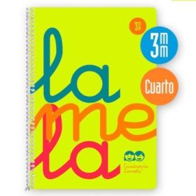 Lamela Cuaderno Espiral con 80 Hojas de 90g/m2 con Margen - Formato Cuarto - Pauta Cuadrovia de 3mm - Cubierta Extra Dura - Papel Offset Blanco Extra - Color Amarillo