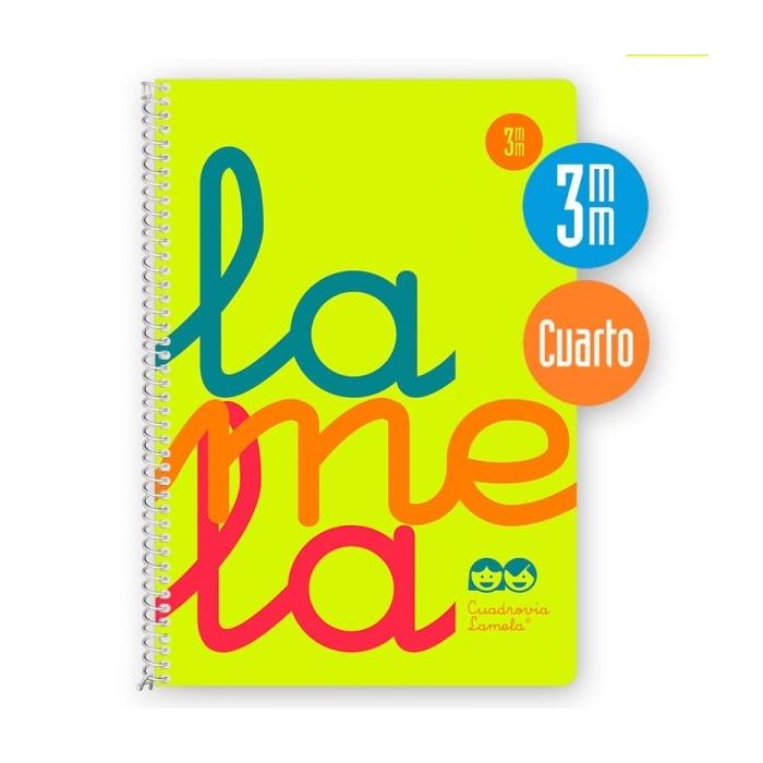 Lamela Cuaderno Espiral con 80 Hojas de 90g/m2 con Margen - Formato Cuarto - Pauta Cuadrovia de 3mm - Cubierta Extra Dura - Papel Offset Blanco Extra - Color Amarillo