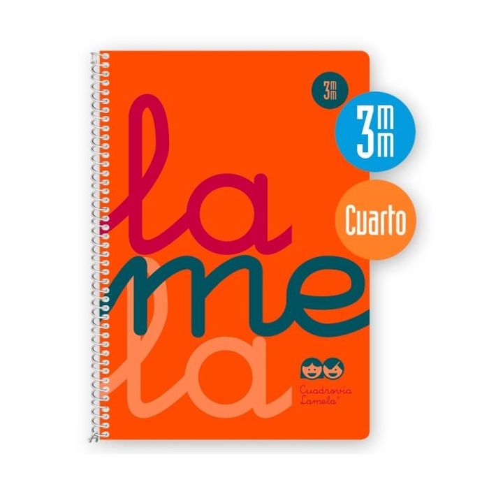 Lamela Cuaderno Espiral con 80 Hojas de 90g/m2 con Margen - Formato Cuarto - Pauta Cuadrovia de 3mm - Cubierta Extra Dura - Papel Offset Blanco Extra - Color Naranja