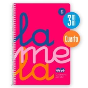 Lamela Cuaderno Espiral con 80 Hojas de 90g/m2 con Margen - Formato Cuarto - Pauta Cuadrovia de 3mm - Cubierta Extra Dura - Papel Offset Blanco Extra - Color Rosa