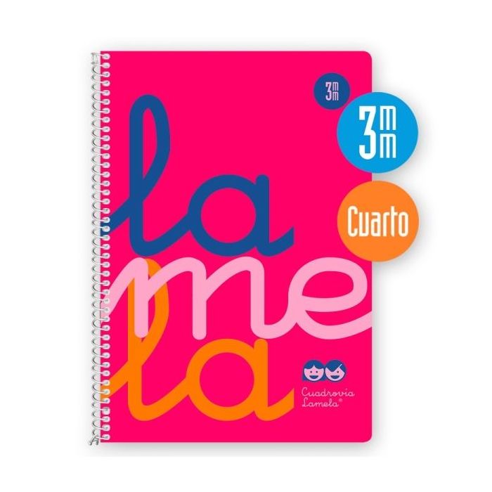 Lamela Cuaderno Espiral con 80 Hojas de 90g/m2 con Margen - Formato Cuarto - Pauta Cuadrovia de 3mm - Cubierta Extra Dura - Papel Offset Blanco Extra - Color Rosa