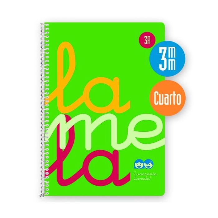 Lamela Cuaderno Espiral con 80 Hojas de 90g/m2 con Margen - Formato Cuarto - Pauta Cuadrovia de 3mm - Cubierta Extra Dura - Papel Offset Blanco Extra - Color Verde
