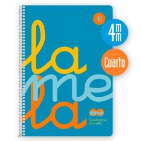 Lamela Cuaderno Espiral con 80 Hojas de 90g/m2 con Margen - Formato Cuarto - Pauta Cuadrovia de 4mm - Cubierta Extra Dura - Papel Offset Blanco Extra - Color Azul