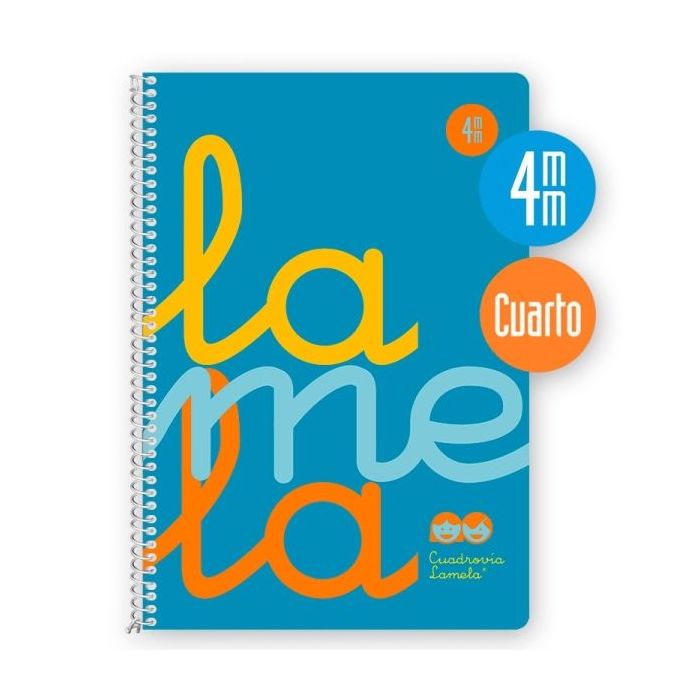 Lamela Cuaderno Espiral con 80 Hojas de 90g/m2 con Margen - Formato Cuarto - Pauta Cuadrovia de 4mm - Cubierta Extra Dura - Papel Offset Blanco Extra - Color Azul