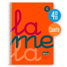 Lamela Cuaderno Espiral con 80 Hojas de 90g/m2 con Margen - Formato Cuarto - Pauta Cuadrovia de 4mm - Cubierta Extra Dura - Papel Offset Blanco Extra - Color Naranja