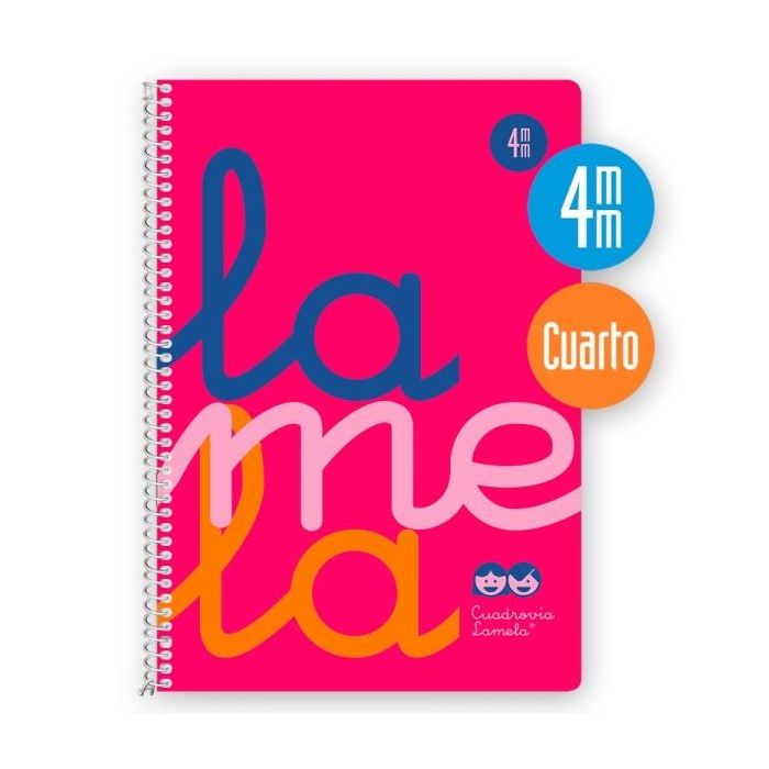 Lamela Cuaderno Espiral con 80 Hojas de 90g/m2 con Margen - Formato Cuarto - Pauta Cuadrovia de 4mm - Cubierta Extra Dura - Papel Offset Blanco Extra - Color Rosa