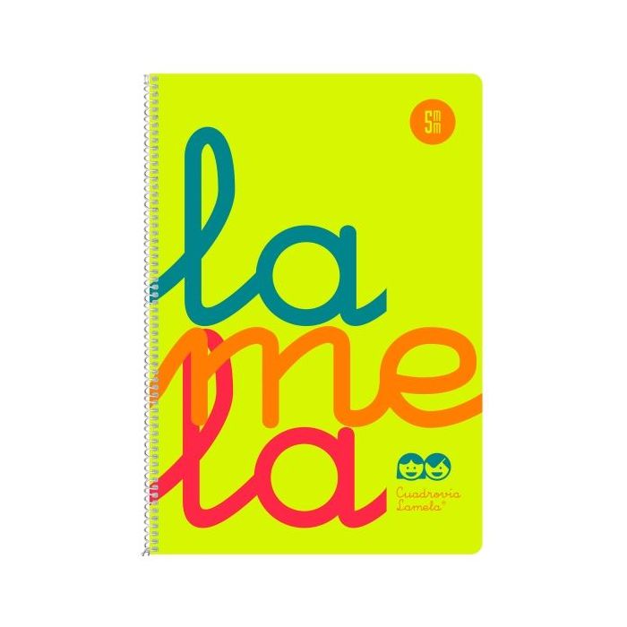 Lamela Cuaderno Espiral con 80 Hojas de 90g/m2 con Margen - Formato Cuarto - Pauta Cuadrovia de 5mm - Cubierta Extra Dura - Papel Offset Blanco Extra - Color Amarillo