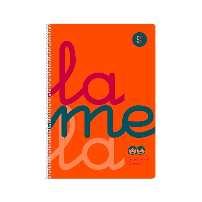 Lamela Cuaderno Espiral con 80 Hojas de 90g/m2 con Margen - Formato Cuarto - Pauta Cuadrovia de 5mm - Cubierta Extra Dura - Papel Offset Blanco Extra - Color Naranja