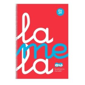 Lamela Cuaderno Espiral con 80 Hojas de 90g/m2 con Margen - Formato Cuarto - Pauta Cuadrovia de 5mm - Cubierta Extra Dura - Papel Offset Blanco Extra - Color Rojo