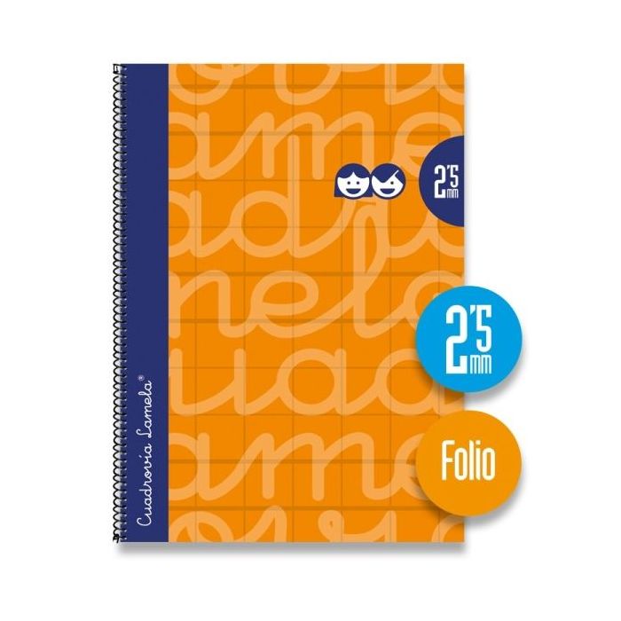 Lamela Cuaderno Espiral con 80 Hojas de 90g/m2 con Margen - Formato Folio - Pauta Cuadrovia de 2.5mm - Cubierta Extra Dura - Papel Offset Blanco Extra - Color Naranja