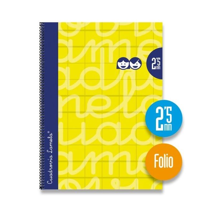 Lamela Cuaderno Espiral con 80 Hojas de 90g/m2 con Margen - Formato Folio - Pauta Cuadrovia de 2.5mm - Cubierta Extra Dura - Papel Offset Blanco Extra - Color Amarillo