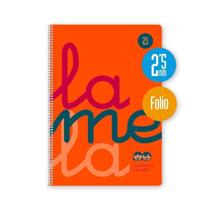 Lamela Cuaderno Espiral con 80 Hojas de 90g/m2 con Margen - Formato Folio - Pauta Cuadrovia de 2.5mm - Cubierta de Polipropileno - Papel Offset Blanco Extra - Color Naranja Fluorescente