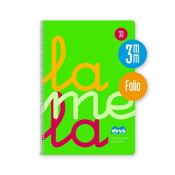 Lamela Cuaderno Espiral con 80 Hojas de 90g/m2 con Margen - Formato Folio - Pauta Cuadrovia de 3mm - Cubierta de Polipropileno - Papel Offset Blanco Extra - Color Verde Fluorescente