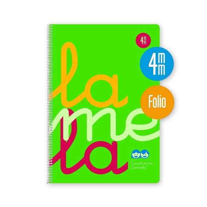 Lamela Cuaderno Espiral con 80 Hojas de 90g/m2 con Margen - Formato Folio - Pauta Cuadrovia de 4mm - Cubierta de Polipropileno - Papel Offset Blanco Extra - Color Verde Fluorescente