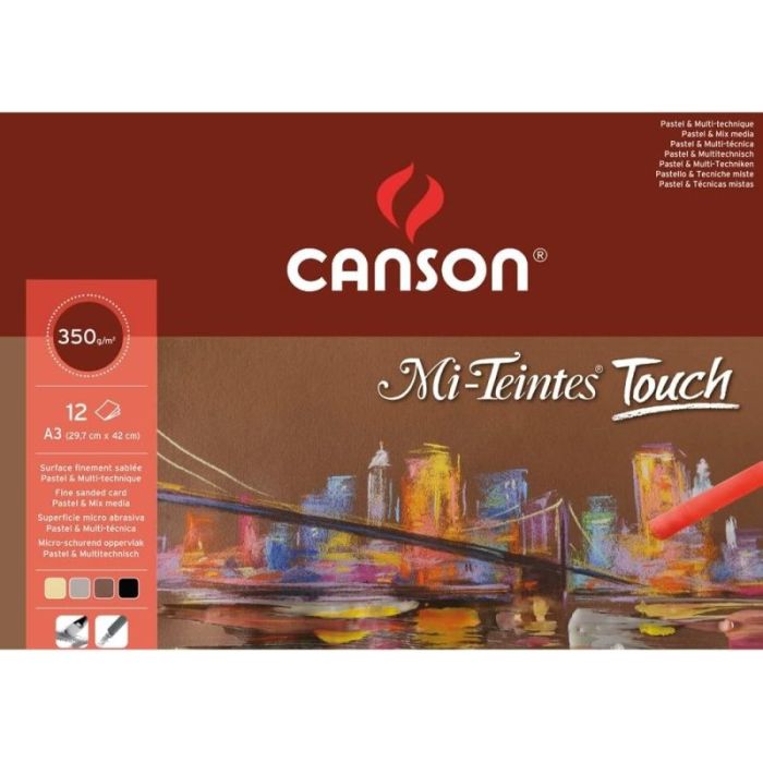 Canson Mi-Teintes Touch Bloc con 12 Hojas 350 g/m² - Tamaño 29.7 x 42cm - Superficie Microabrasiva Finamente Texturizada - Certificado FSC - Colores Surtidos