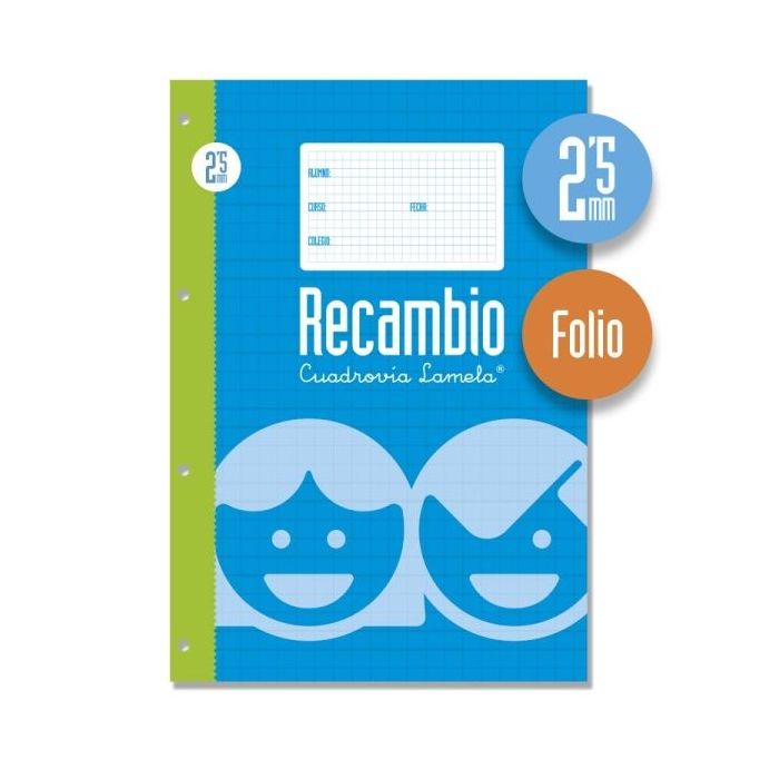 Lamela Recambio para Anillas con 100 Hojas de 70g/m2 con Margen - Formato Folio - Pauta Cuadrovia de 2.5mm - Papel Offset Blanco Extra - Color Azul